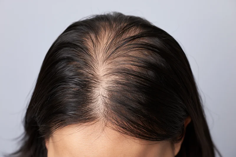 Close-up of a woman's scalp showing thinning hair at the crown
