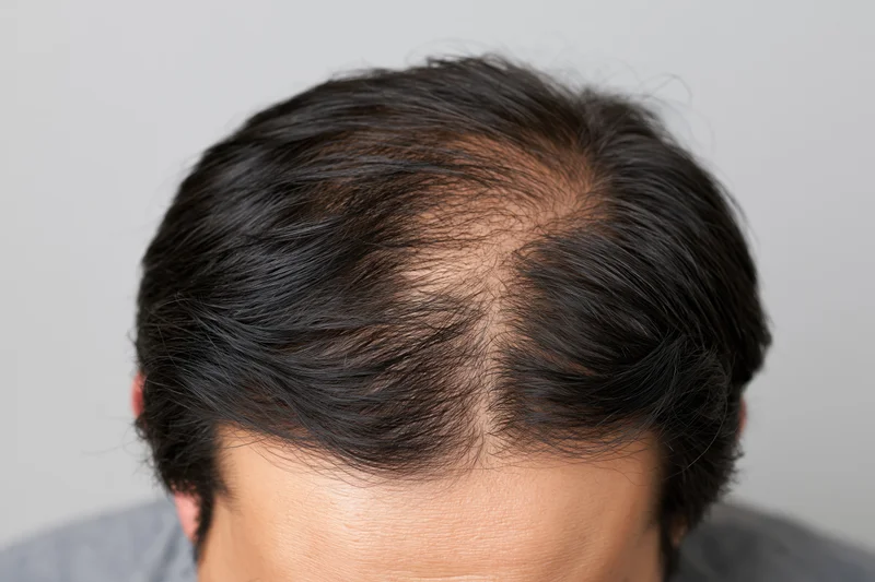 Close-up of a man's scalp showing hair thinning and receding hairline from overhead view