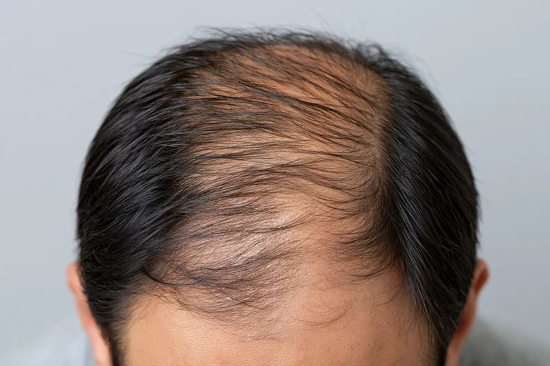 Close-up of a man’s scalp showing hair thinning and balding pattern from overhead view