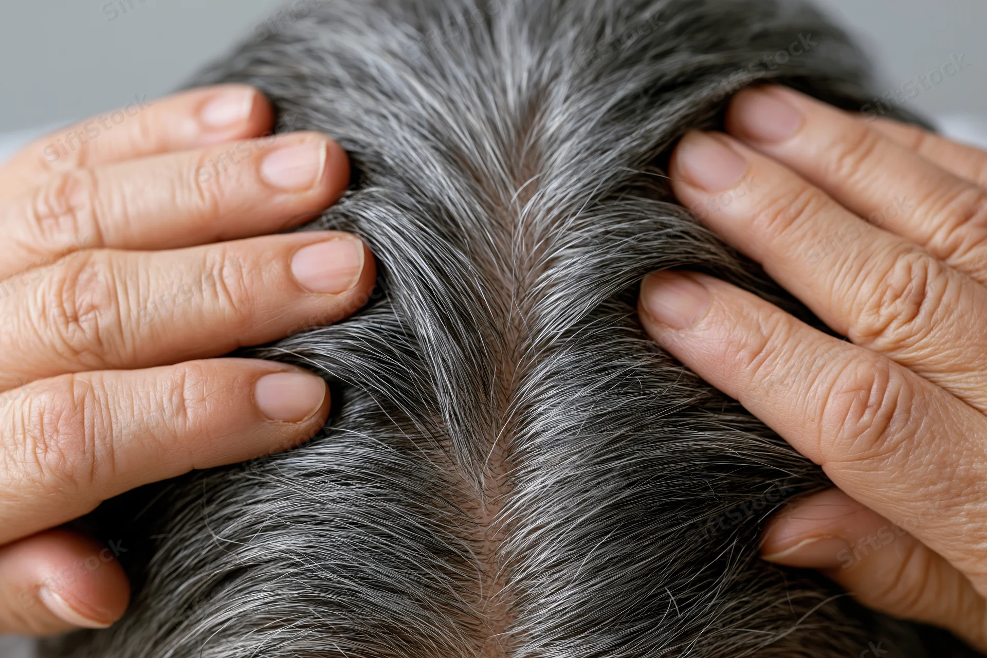 Close-up of a woman’s scalp with gray hair and hands touching it from above