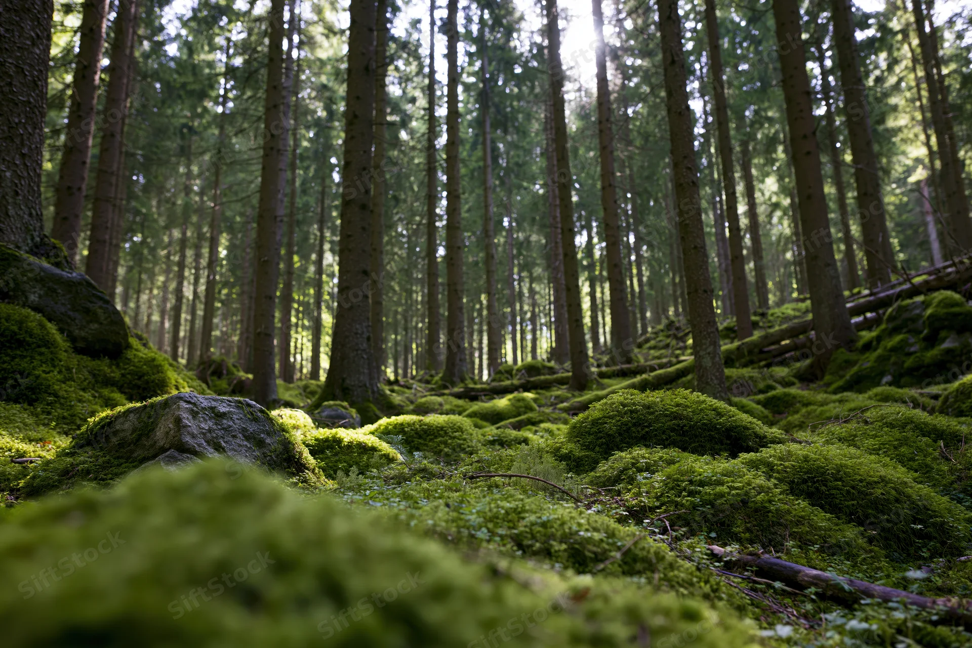 Dense spruce forest with thick green moss covering rocks and ground under dappled sunlight