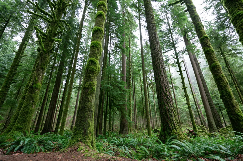 Towering moss-covered trees in a dense old-growth temperate rainforest with ferns on the forest floor