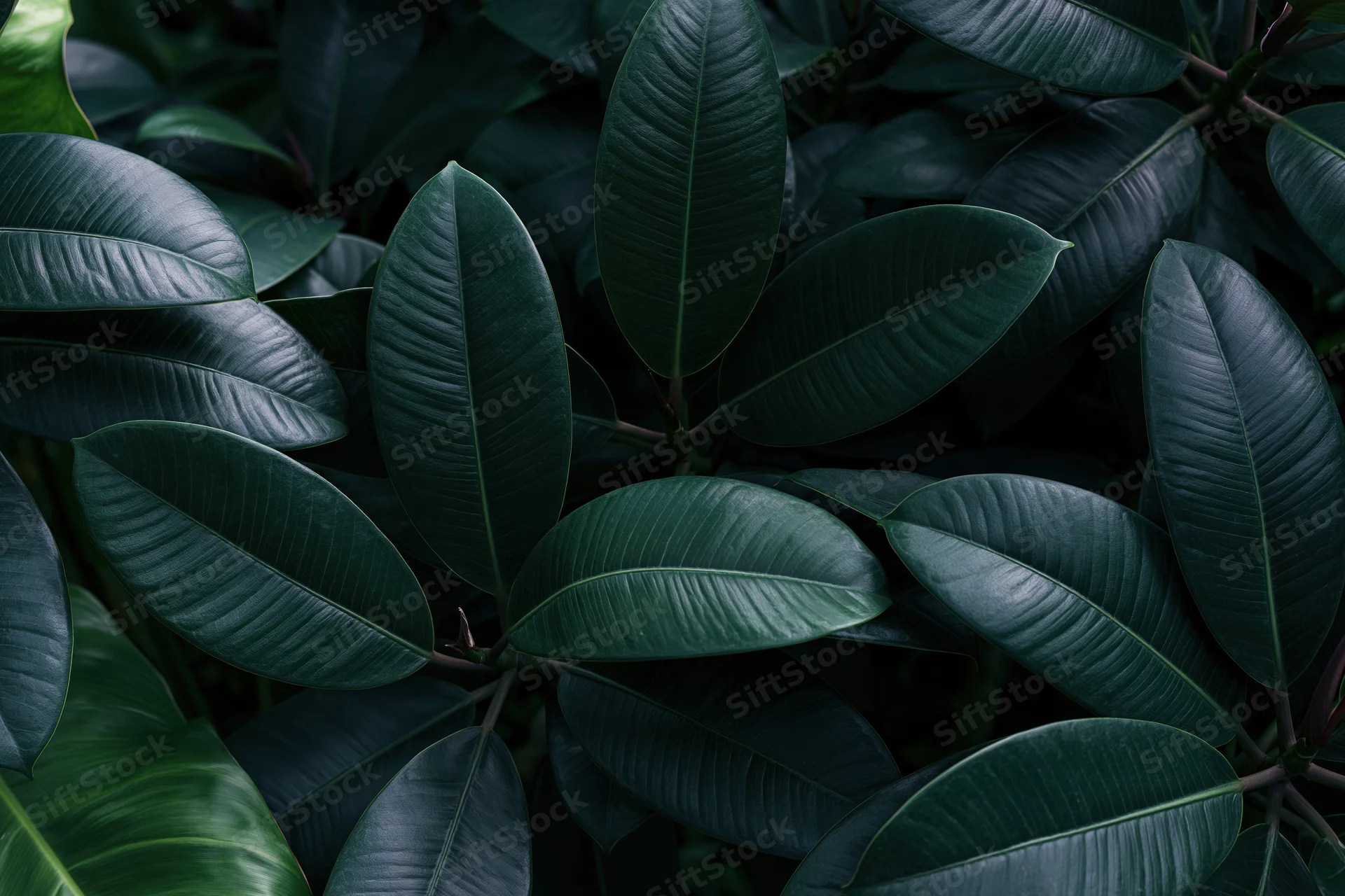 Dense tropical foliage filling the frame with large oval leaves in dark green tones