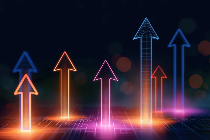 Glowing neon arrows pointing upward on a digital circuit grid background