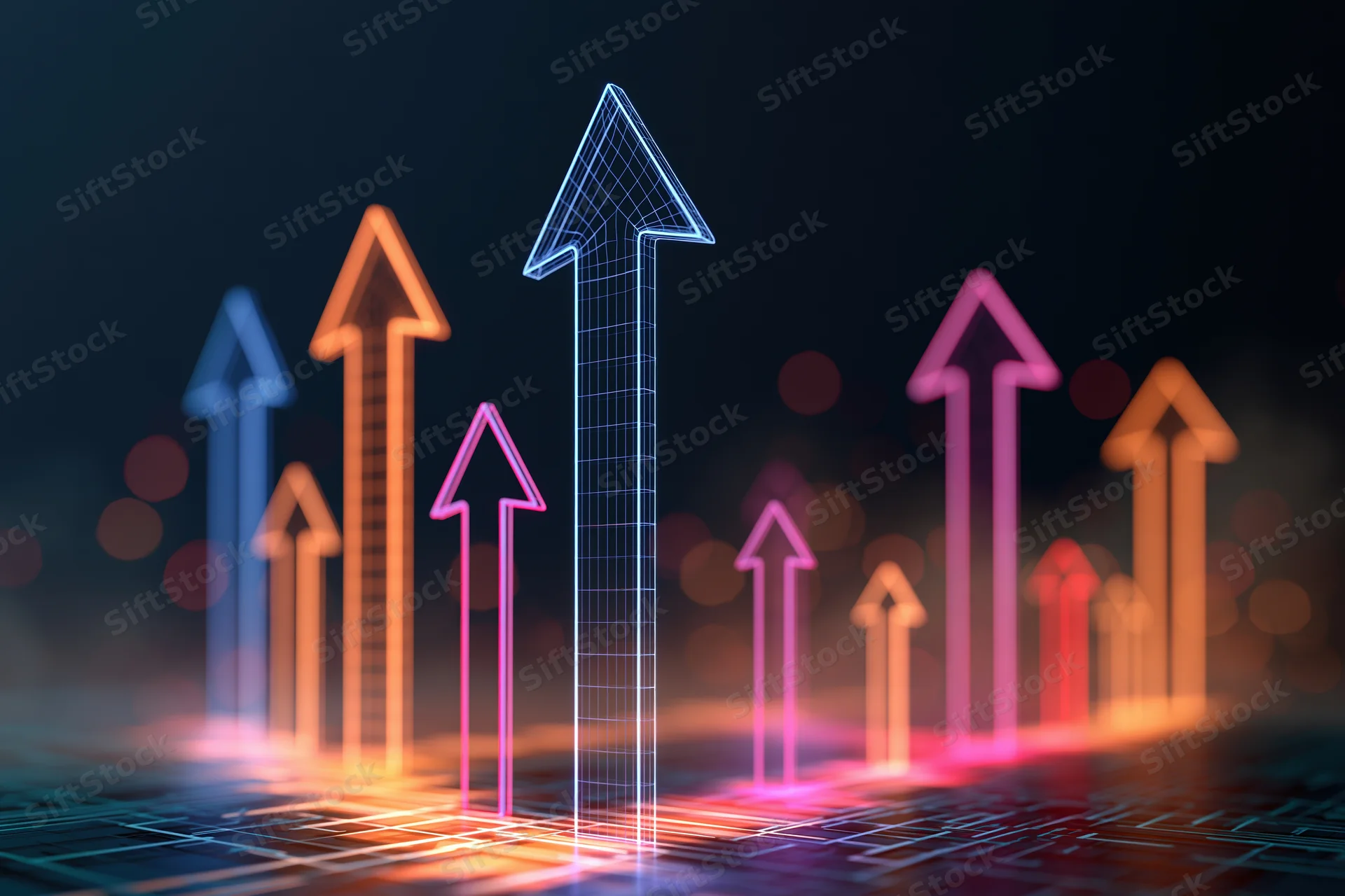 Glowing digital arrows pointing upward on a circuit grid surface