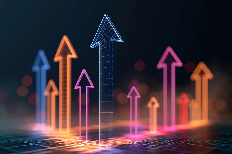 Glowing digital arrows pointing upward on a circuit grid surface