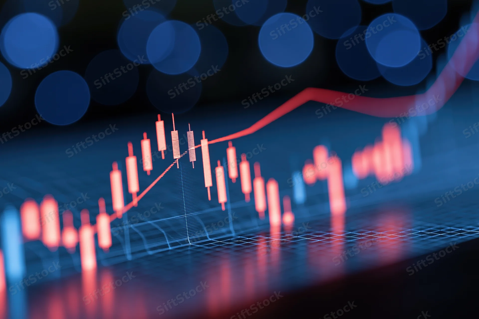 Glowing candlestick chart showing upward trend on digital display