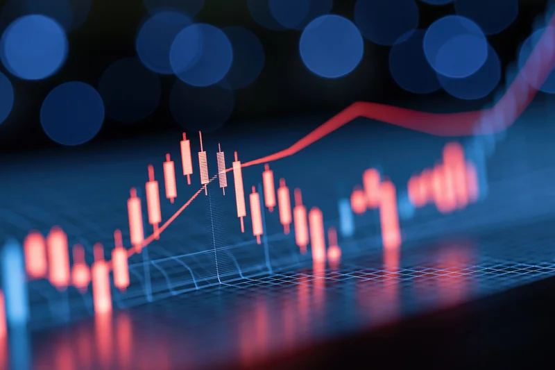 Glowing candlestick chart showing upward trend on digital display