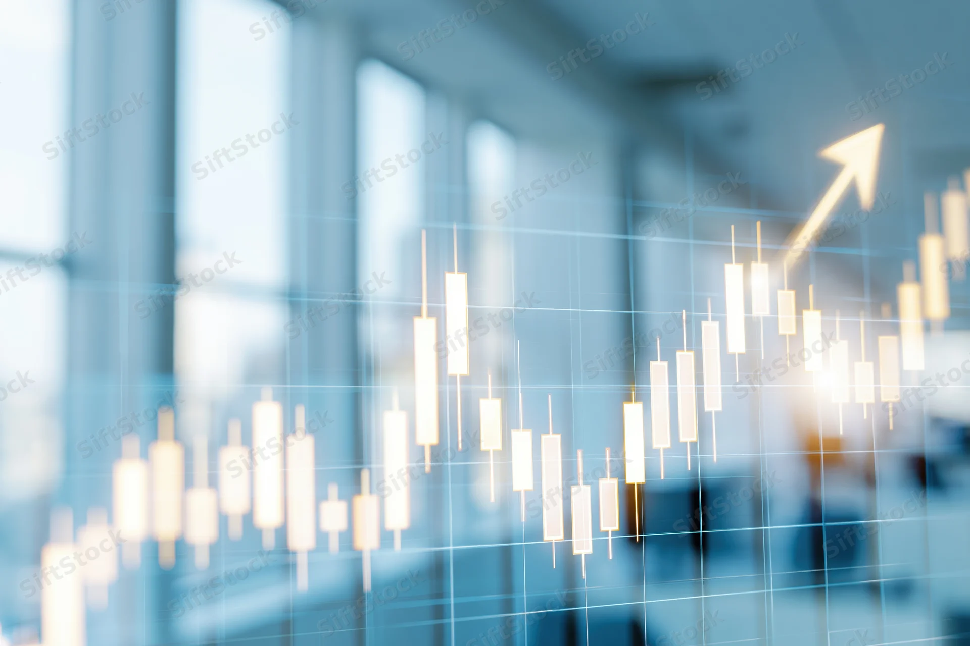 Glowing candlestick chart with upward arrow overlaid on blurred office window view