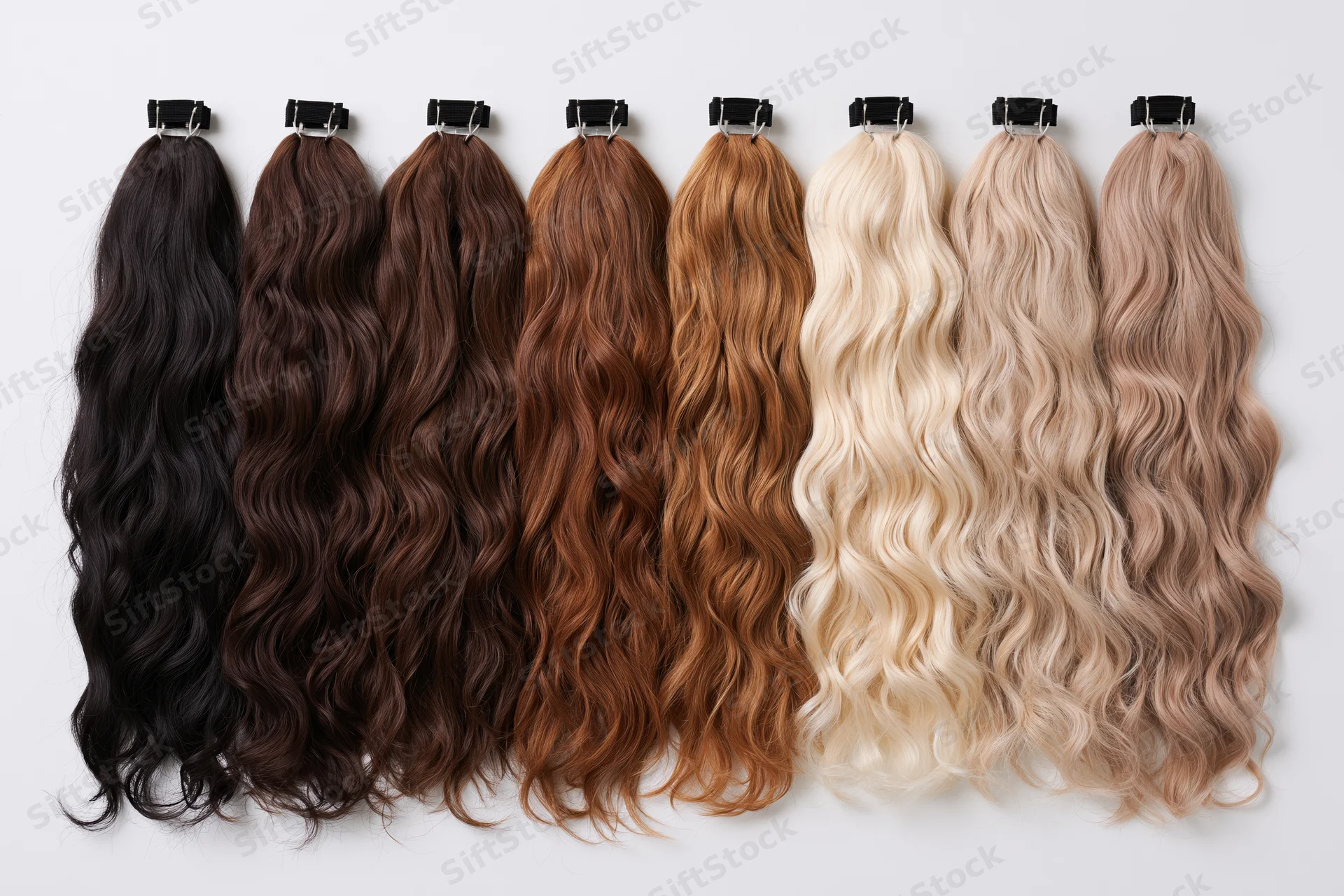 Eight wavy hair extension wefts arranged in a row from darkest to lightest on white background