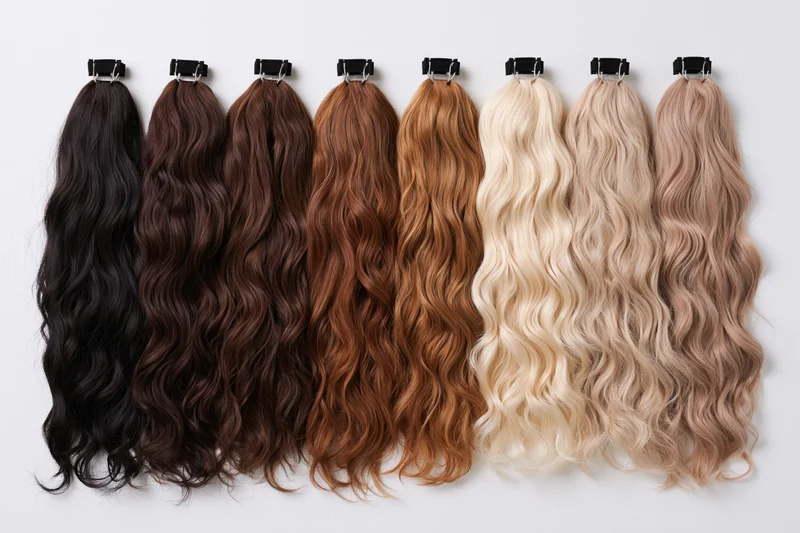 Eight wavy hair extension wefts arranged in a row from darkest to lightest on white background