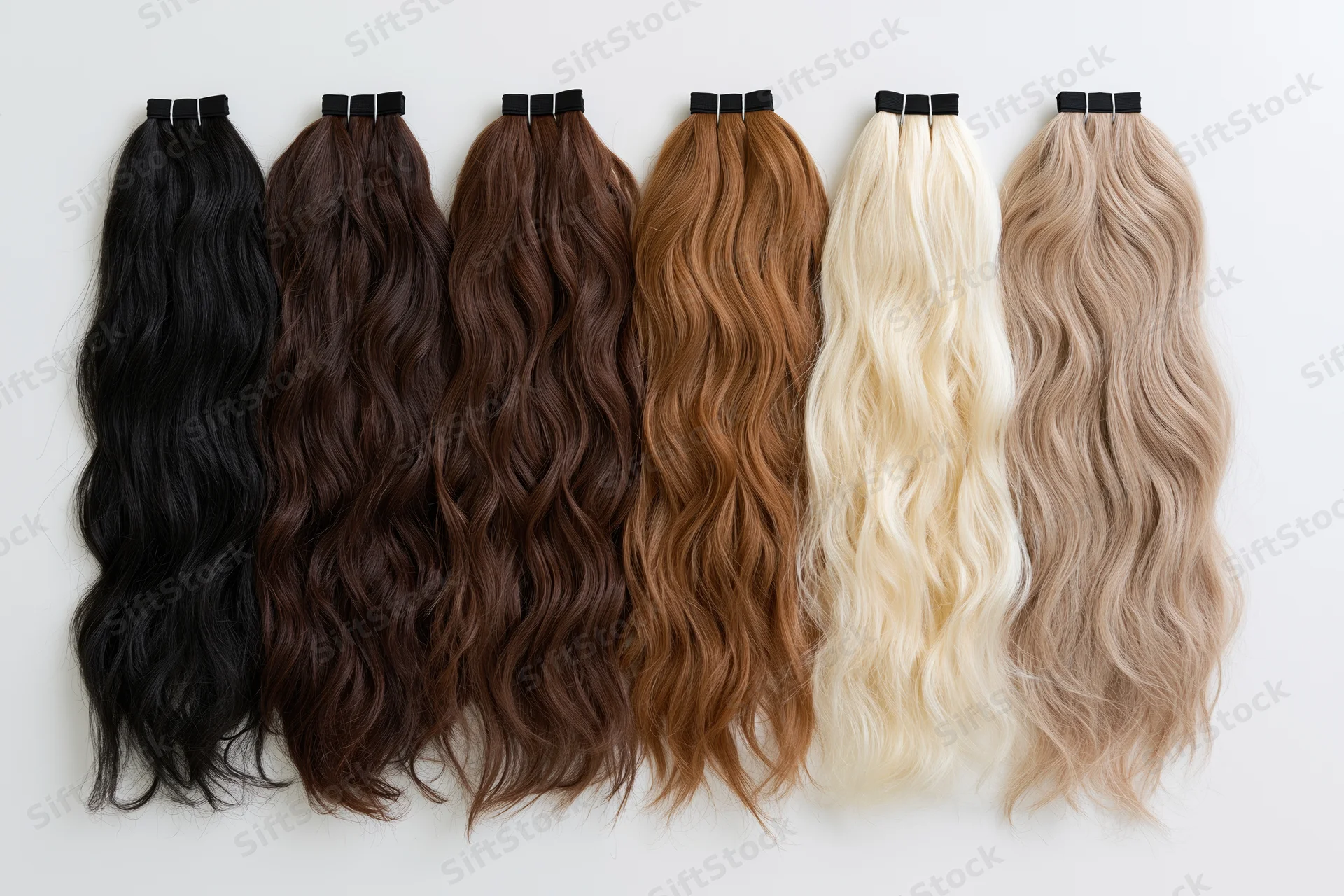 Eight hair extension wefts arranged in a row from darkest to lightest on white background