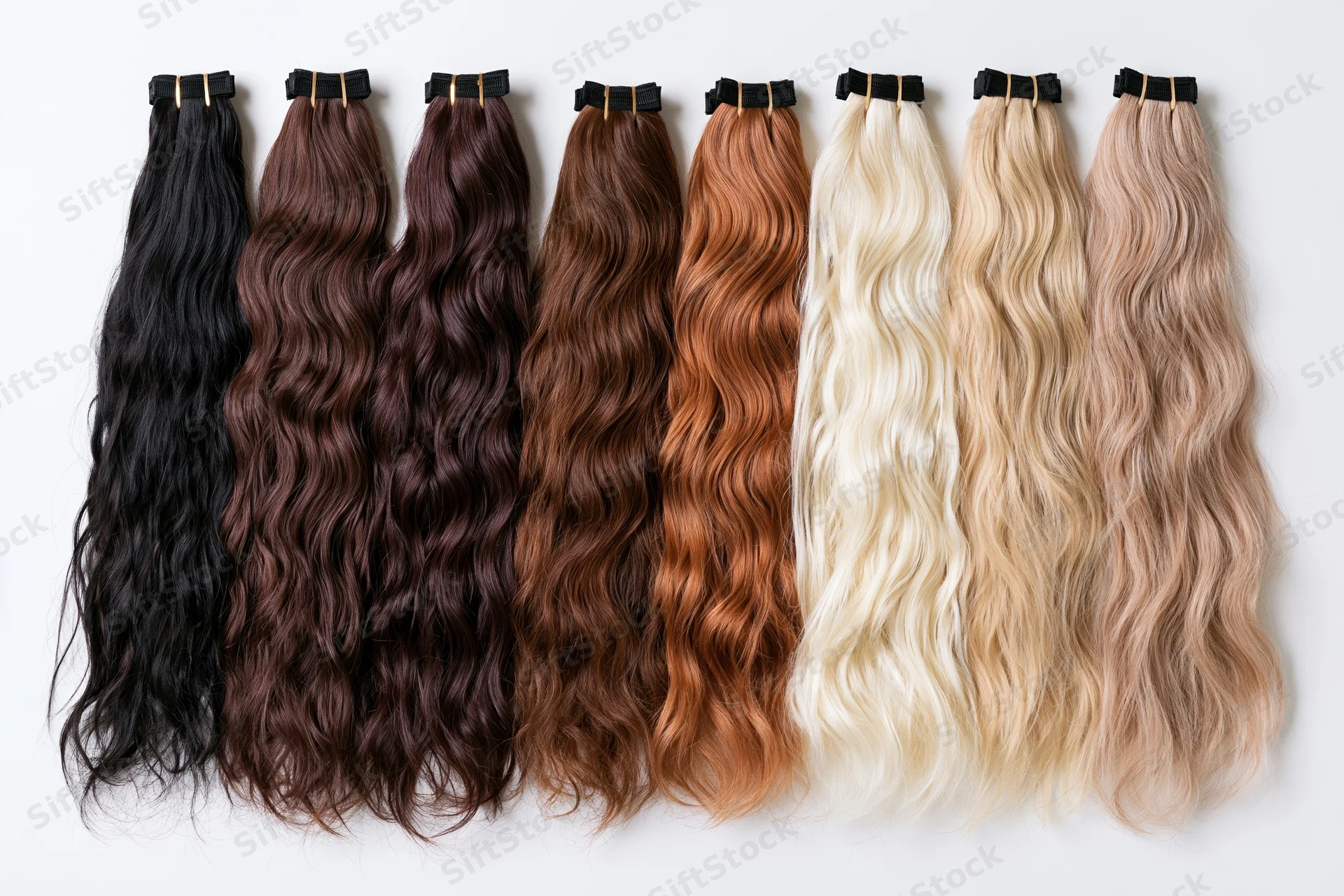 Eight hair extension wefts arranged in a row from darkest to lightest on white background