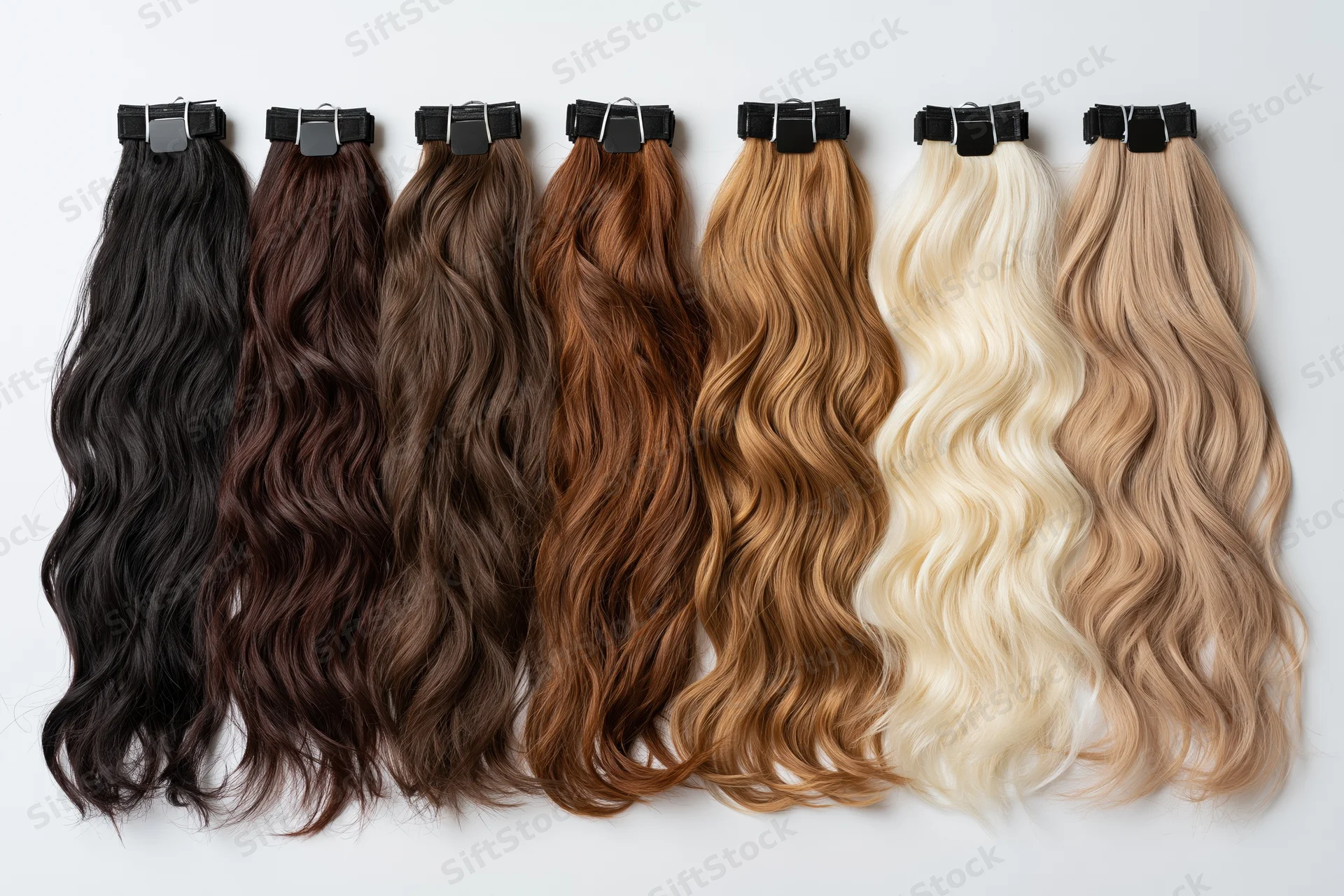 Eight wavy hair extension wefts arranged in a row from darkest to lightest on white background