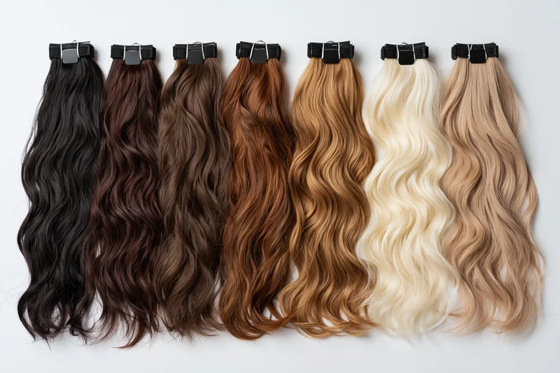 Eight wavy hair extension wefts arranged in a row from darkest to lightest on white background