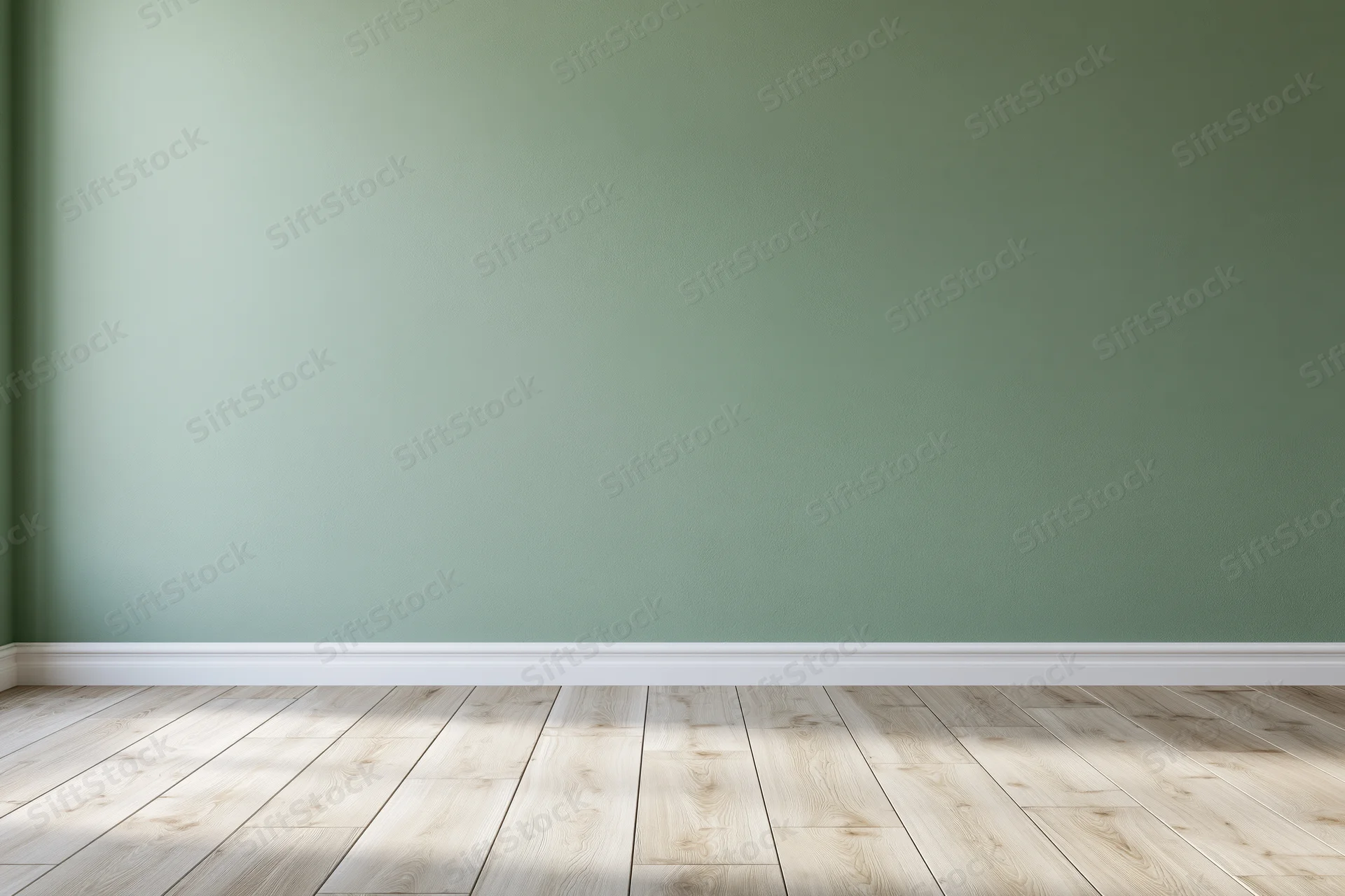 Empty room with sage green painted wall and light wooden floor, featuring white baseboard and natural light