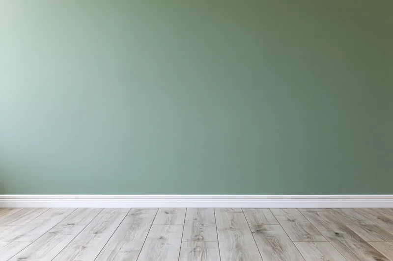 Empty room with sage green painted wall and light wood flooring