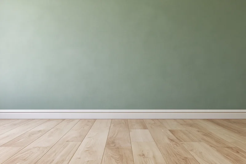 Empty room with sage green wall and light wood flooring, interior view