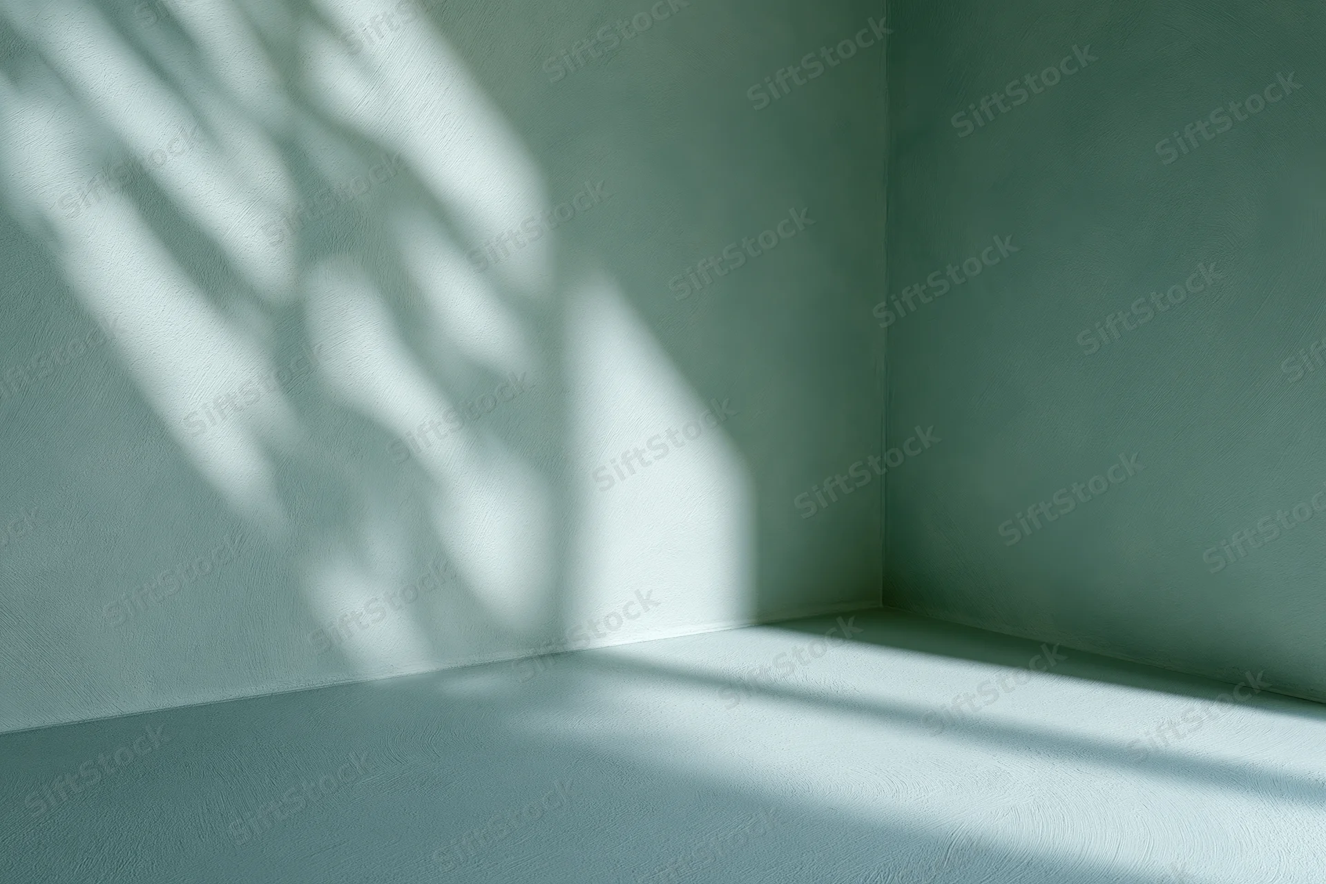 Empty sage green studio corner with sunlight casting striped shadows on wall and floor