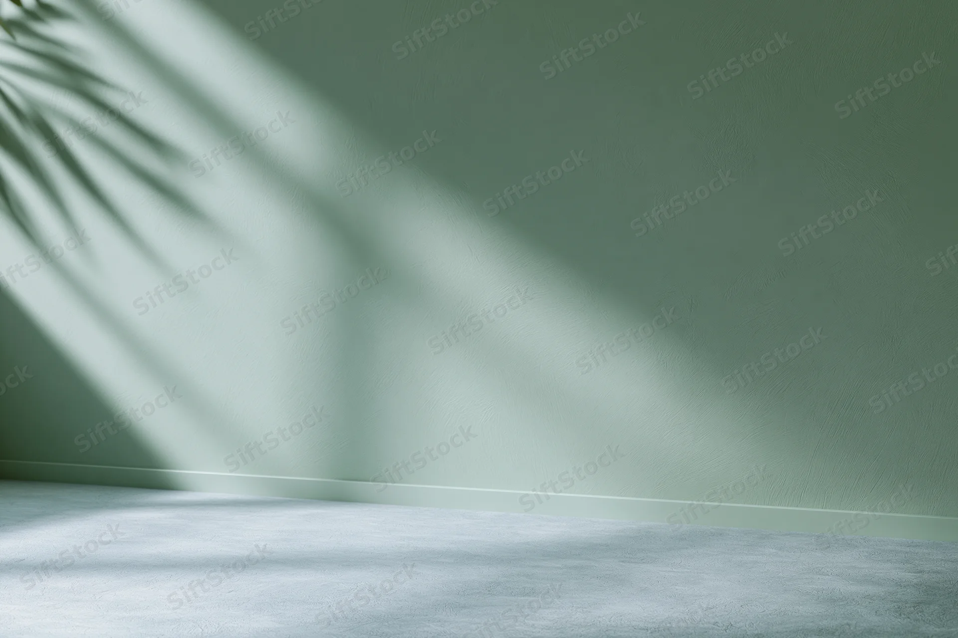 Empty sage green studio wall with palm shadow and flat concrete floor