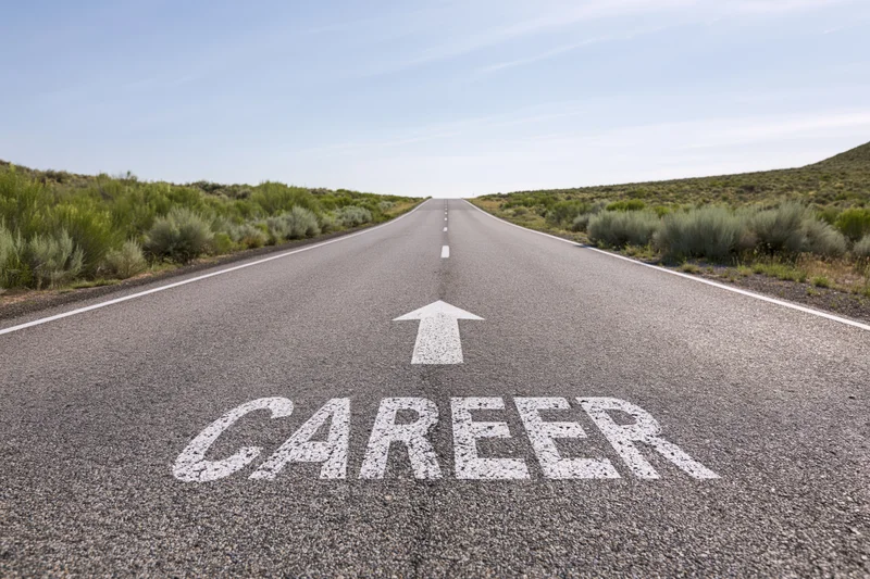 Asphalt road with career and arrow painted on surface stretching into horizon
