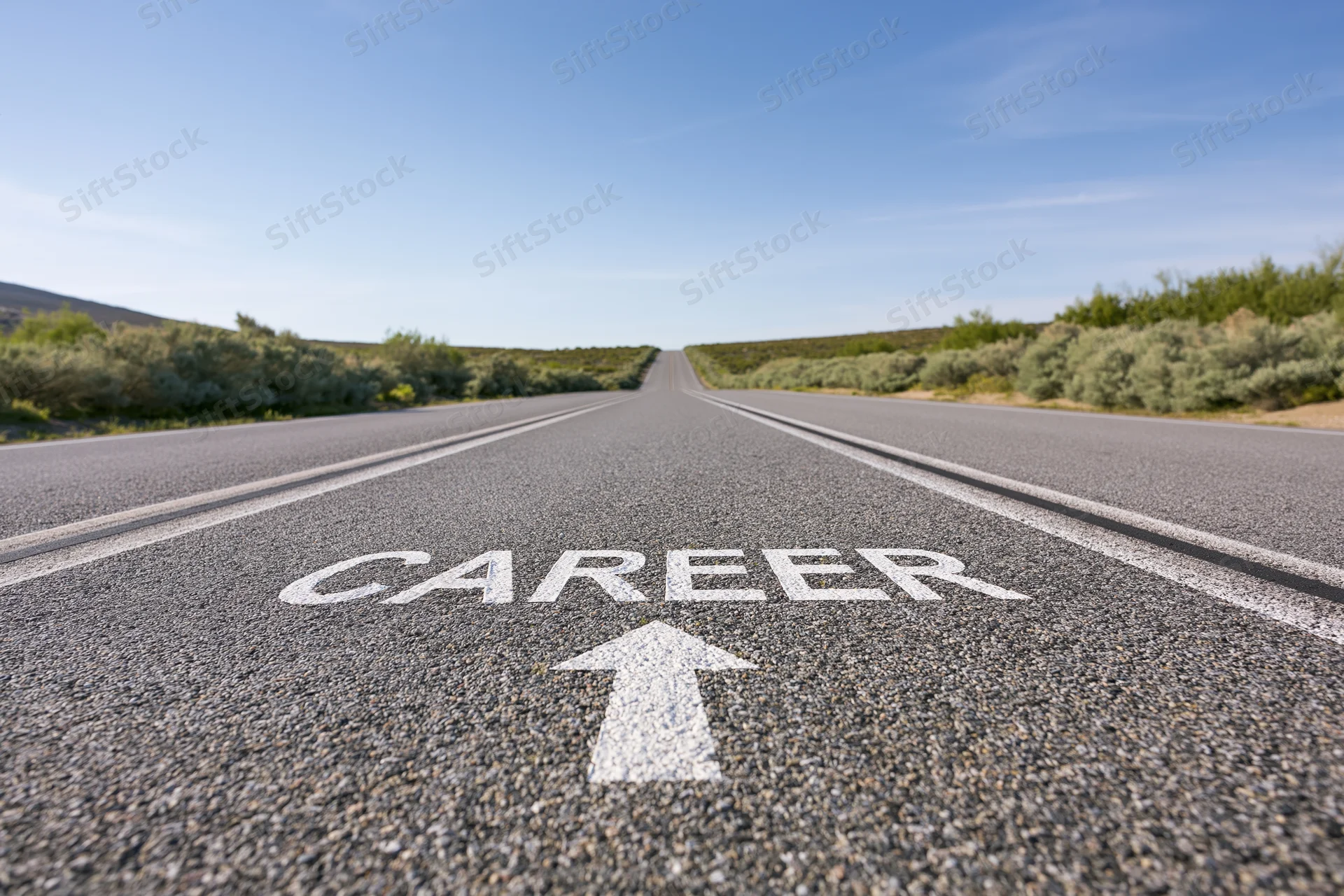 Asphalt road with career arrow marking stretching straight to horizon