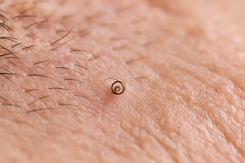 Extreme close-up of human skin surface showing fine hairs and a coiled hair follicle