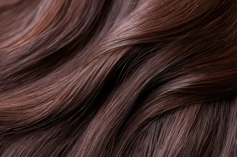 Closeup of dark brown human hair strands showing smooth texture and natural waves