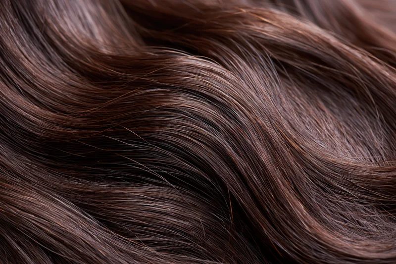 Closeup of dark brown human hair strands showing glossy texture and natural waves