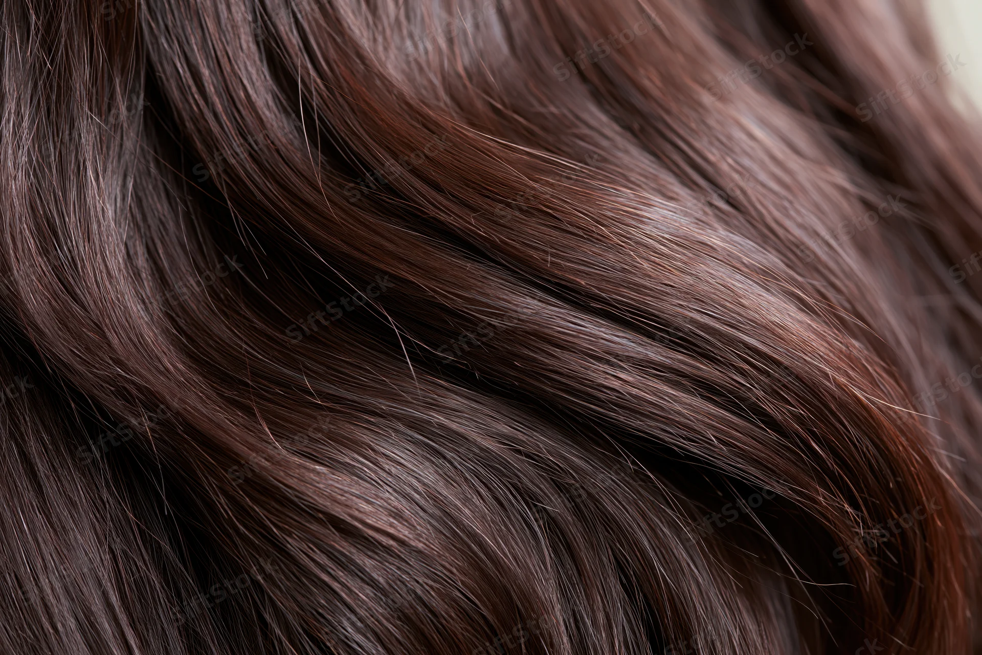 Close-up of dark brown human hair strands showing smooth texture and natural shine