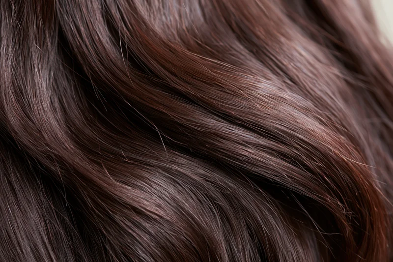 Close-up of dark brown human hair strands showing smooth texture and natural shine