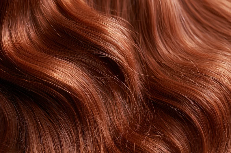 Flowing auburn red hair in close-up macro view showing wavy texture and glossy strands