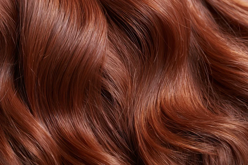 Flowing auburn red hair in close-up macro view showing wavy texture and shine