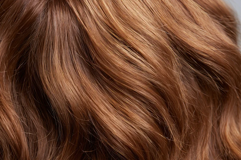 Closeup of wavy auburn hair with natural highlights and glossy texture