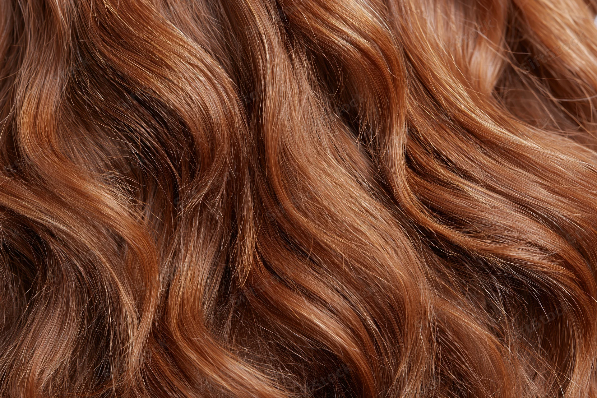 Close-up of wavy auburn hair with natural shine and volume