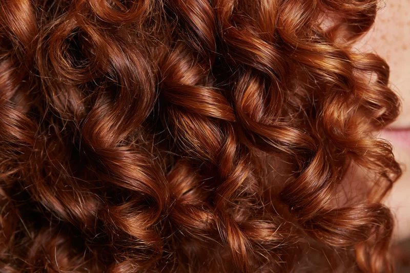 Extreme close-up of natural curly auburn hair showing texture and shine