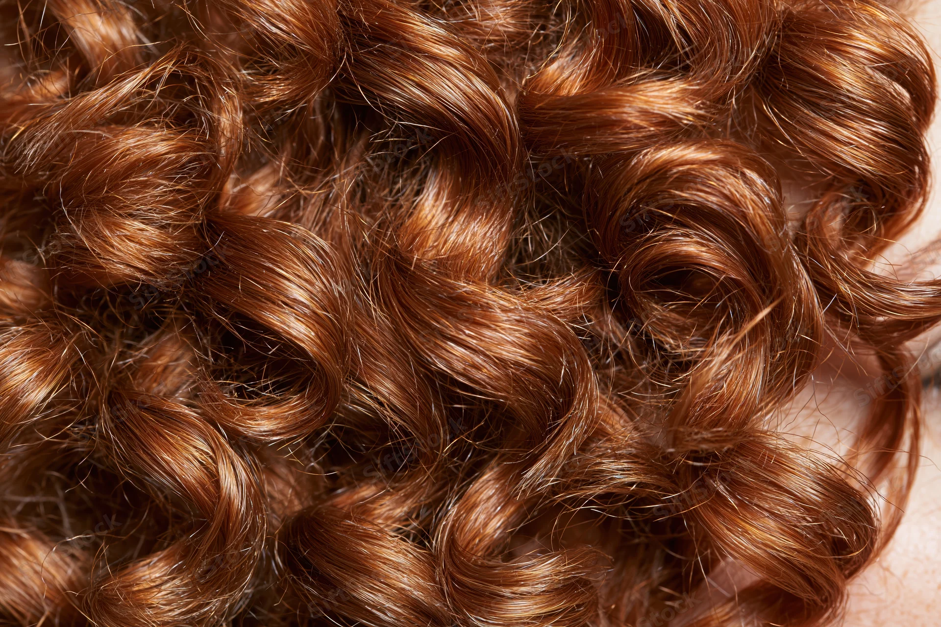 Extreme close-up of natural curly auburn hair showing texture and volume