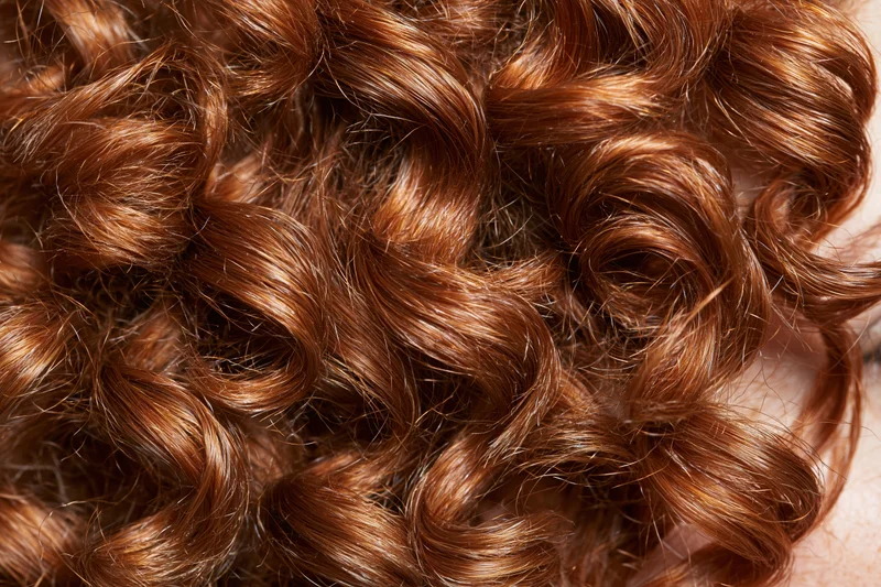 Extreme close-up of natural curly auburn hair showing texture and volume