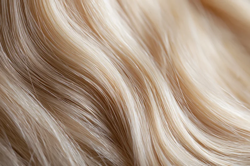 Extreme close-up of platinum blonde human hair strands showing smooth texture and natural shine