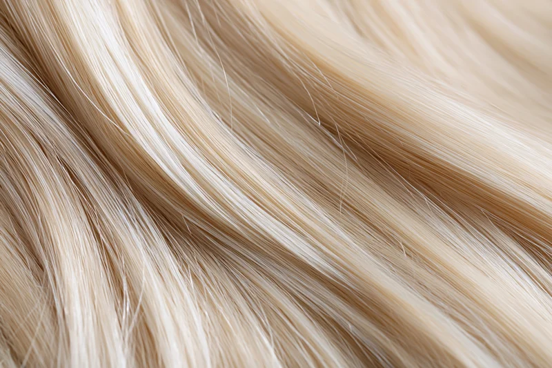 Extreme close-up of platinum blonde human hair strands showing smooth texture and natural shine