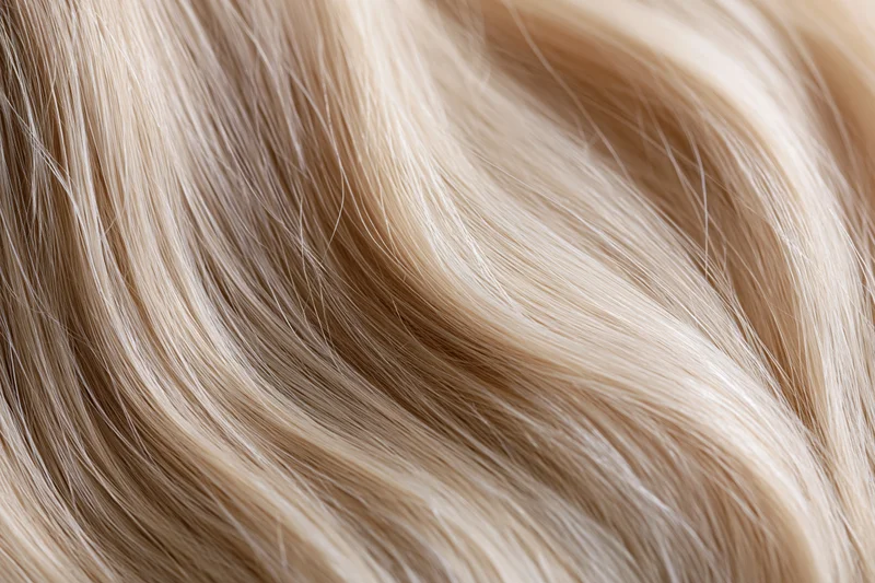 Extreme close-up of platinum blonde human hair strands showing smooth texture and natural shine