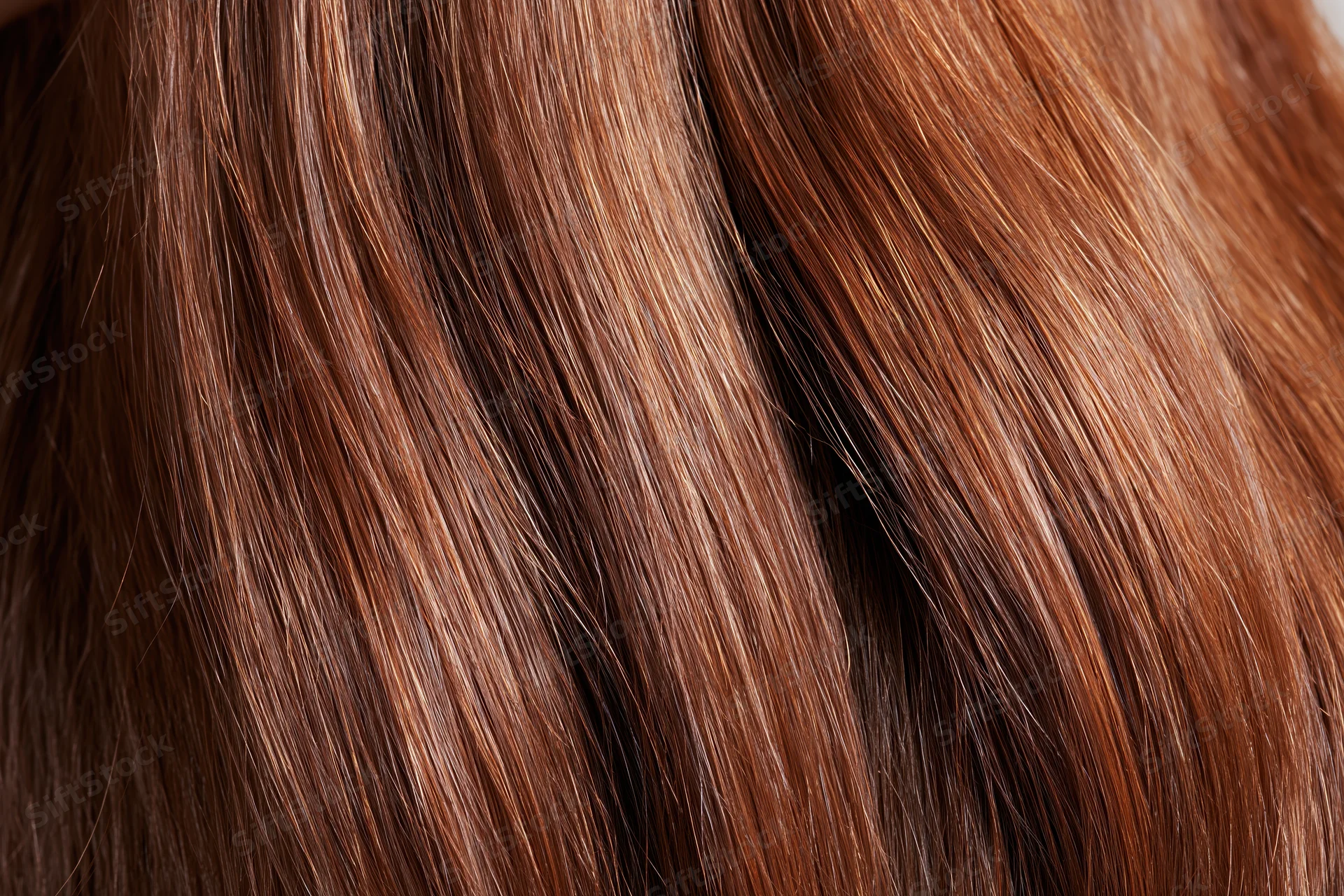 Closeup of straight brown hair strands showing smooth texture and shine