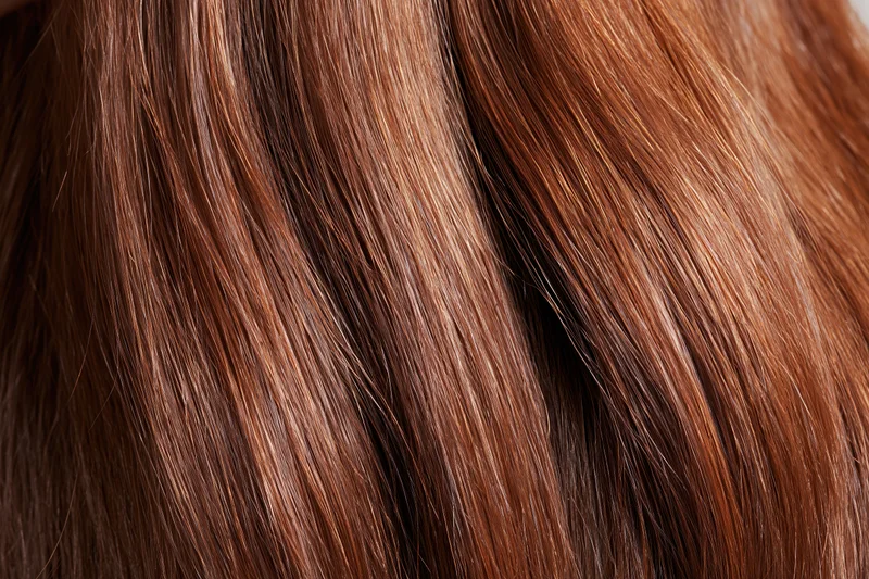 Closeup of straight brown hair strands showing smooth texture and shine