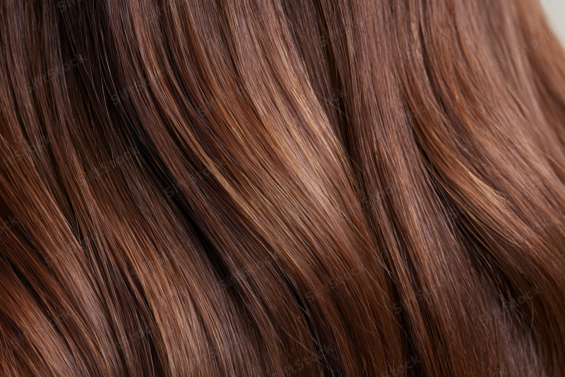 Close-up of straight brown hair strands showing smooth texture and shine