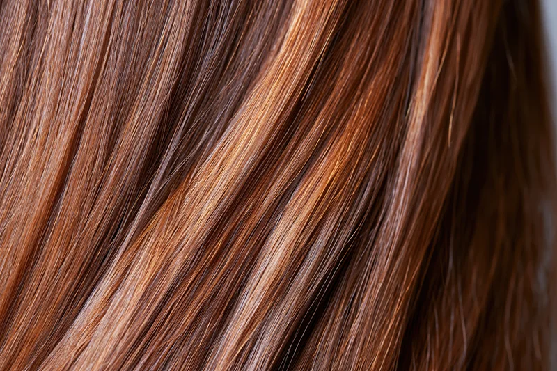 Close-up of straight brown hair strands showing smooth texture and shine