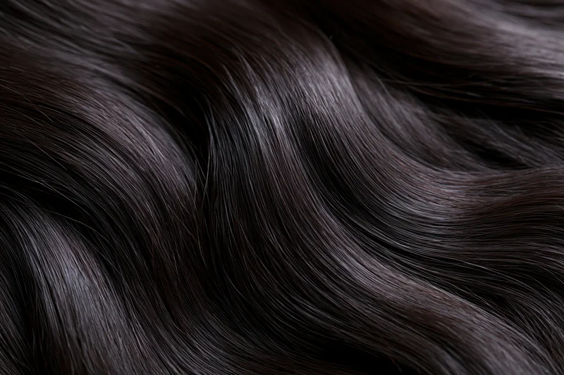 Close-up of straight dark brown-black hair showing glossy texture and smooth waves