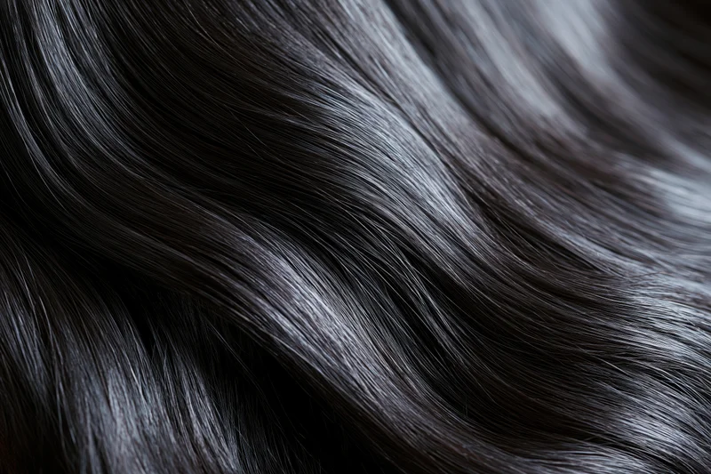 Extreme close-up of straight dark brown-black hair showing glossy texture and natural shine