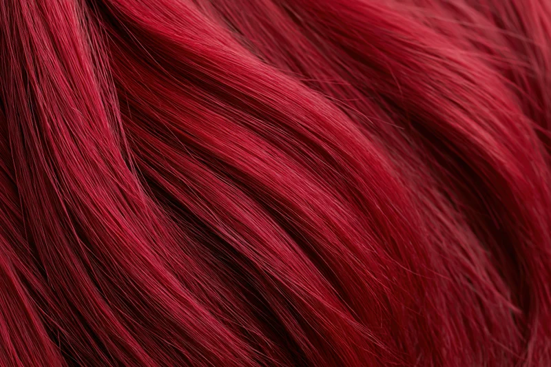 Extreme close-up of vibrant red dyed human hair strands showing glossy texture