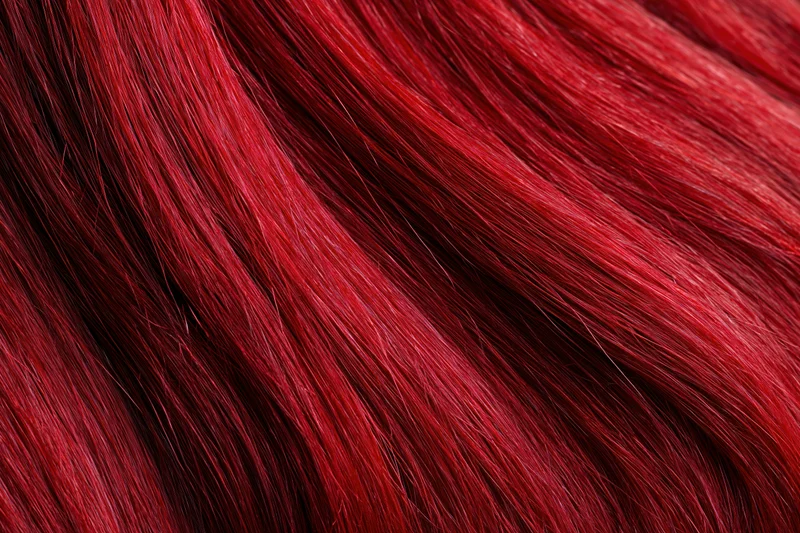 Close-up of vibrant red dyed human hair strands showing glossy texture