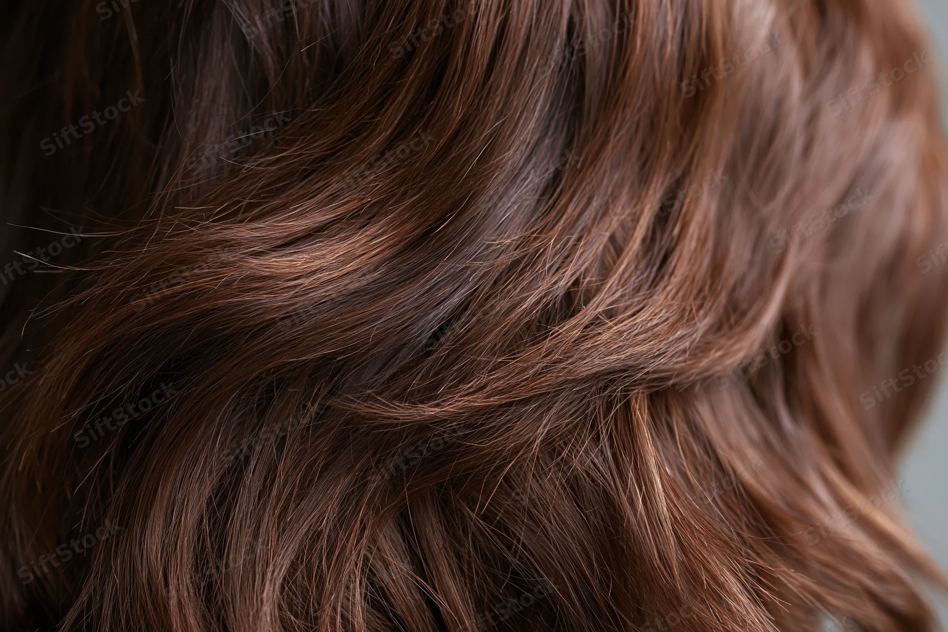 Closeup of wavy brown human hair with glossy texture filling the frame
